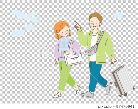 キャリーケースを持って旅行する男女のイラスト 97470941