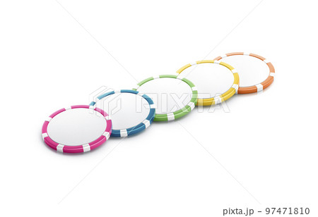 Blank colored plastic round chip mockup lying row, side view Blank colored plastic round chip mockup lying row, side view 97471810