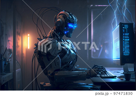 Humanoid robot, artificial intelligence working at his computer, futuristic concept. 97471830