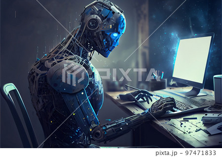 Humanoid robot, artificial intelligence working at his computer, futuristic concept. 97471833