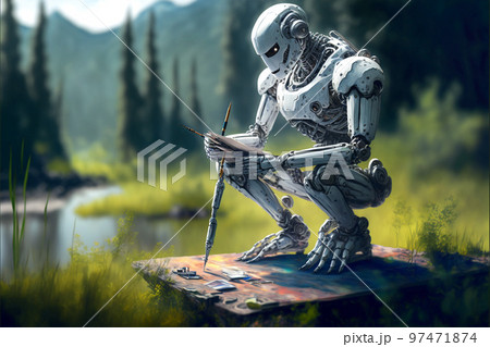 Artificial Inteligence, humaniod robot creating images, futuristic concept. Artificial Inteligence, humaniod robot creating images, futuristic concept. 97471874