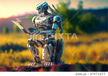 Artificial Inteligence, humaniod robot creating images, futuristic concept. 97471877
