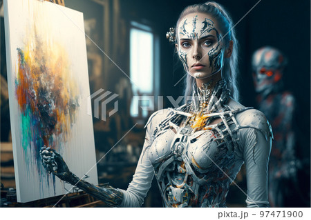 Artificial Inteligence, humaniod robot creating images, futuristic concept. 97471900