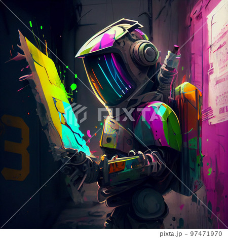 Futuristic robot, artificial inteligence painting an image. 97471970