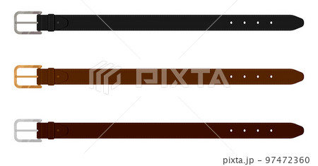 Set of men leather belts made of expensive dark leather. Men belts with metal plaques stitched and strong thread. Clothing accessories colored Vector isolated on white background 97472360