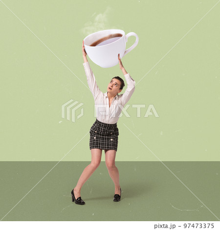 Contemporary art collage. Creative design Woman in official clothes carrying cup with hot black tea. Burning deadlines 97473375