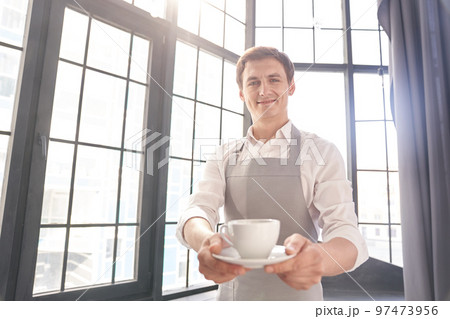 A waiter in a gray apron holds out a cup of coffee. Barista gives a cup of hot coffee in a cafe, against the background of a large window. High quality photo A waiter in a gray apron holds out a cup of coffee. Barista gives a cup of hot coffee in a cafe, against the background of a large window. High quality photo 97473956