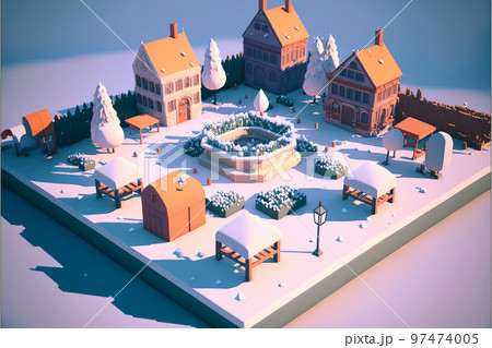 ミニチュア 模型 街 村 家 冬 雪 住宅地 庭 花 植物 97474005