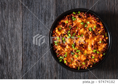 Cajun Beef Cornbread Casserole in baking dish Cajun Beef Cornbread Casserole in baking dish 97474182