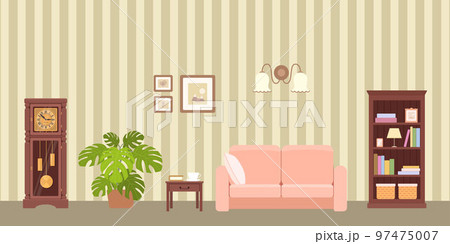 Cozy living room with mahogany bookcase, pink sofa and grandfather clock 97475007