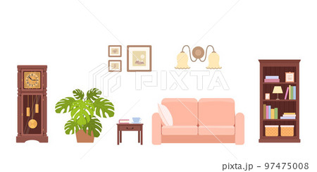 Cozy living room with wooden bookcase, sofa and grandfather clock 97475008