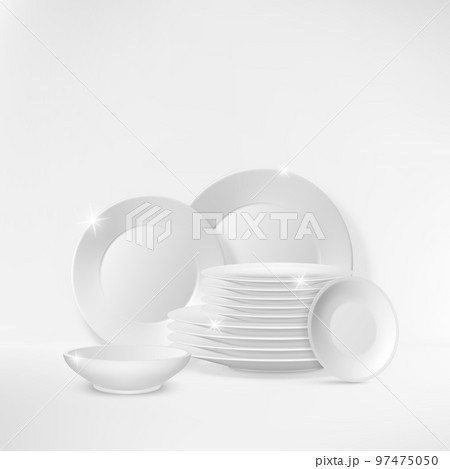 Clean dishes. Plates stacks. Kitchen crockery. Wash porcelain tableware. Ceramic platters piles. Sparkling utensil. Dinner circle bowl. Banquet serving. Vector objects realistic design 97475050