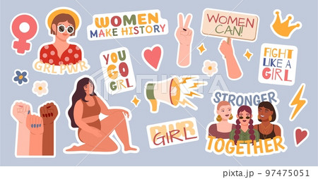Feminist girl stickers. Women empowerment. Beauty female love. Feminism activists. Social movement. Motivational phrase lettering. International sisterhood. Vector cartoon badges set Feminist girl stickers. Women empowerment. Beauty female love. Feminism activists. Social movement. Motivational phrase lettering. International sisterhood. Vector cartoon badges set 97475051