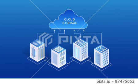 Isometric cloud server. 3D big data. Network hosting background. Share datacenter on computer. Information storage. Database connection. Digital infrastructure. Vector illustration concept Isometric cloud server. 3D big data. Network hosting background. Share datacenter on computer. Information storage. Database connection. Digital infrastructure. Vector illustration concept 97475052