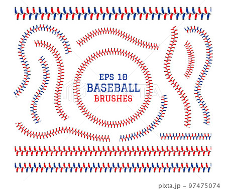 Baseball lace stitch. Softball seam. Leather brush thread. Base ball texture for logo. Circle or line sewing. Competition sport. Hardball binder stripe. Curve stitches set. Vector pattern 97475074