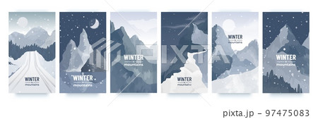 Holiday winter landscape, abstract vertical posters. Minimalist blue bright scene, cold and snow template. Social media posts, falling snow, cold season. Vector flat background set Holiday winter landscape, abstract vertical posters. Minimalist blue bright scene, cold and snow template. Social media posts, falling snow, cold season. Vector flat background set 97475083