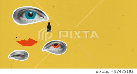 Contemporary art collage. Conceptual image. Human eyes showing different emotions of stress, sadness, annoyance over yellow background. Feeling and emotions 97475192