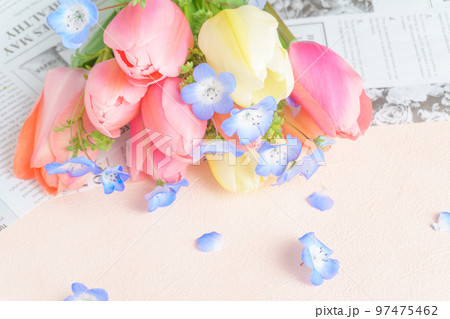 チューリップとネモフィラの春の花の背景 97475462