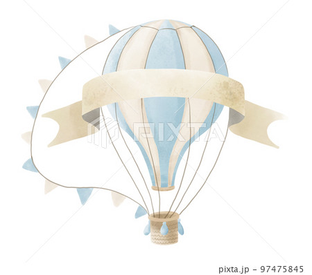 Blue hot air Balloon with ribbon for text. Watercolor illustration for kid birthday party. Hand drawn sketch for baby newborn invitation on isolated background. Drawing for postcard in pastel colors. Blue hot air Balloon with ribbon for text. Watercolor illustration for kid birthday party. Hand drawn sketch for baby newborn invitation on isolated background. Drawing for postcard in pastel colors. 97475845