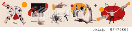 Contemporary art collage. Business icons of working process in the company. Teamwork, achievements, strategy Contemporary art collage. Business icons of working process in the company. Teamwork, achievements, strategy 97476365