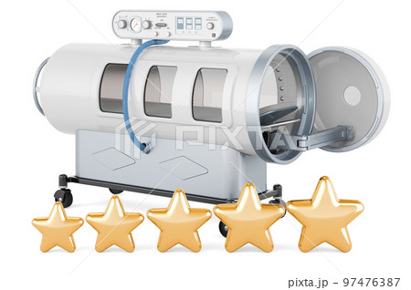 Hyperbaric chamber with five golden stars. 3D rendering Hyperbaric chamber with five golden stars. 3D rendering 97476387