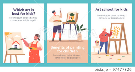 Children Painting on Easel Cartoon Banners. Little Boys and Girls Characters Drawing in Artist Studio or Art Workshop Children Painting on Easel Cartoon Banners. Little Boys and Girls Characters Drawing in Artist Studio or Art Workshop 97477326