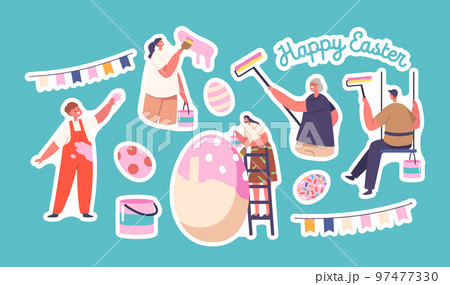 Set of Stickers Happy Family Prepare for Easter Celebration. Parents, Granny and Children Painting Huge Egg 97477330