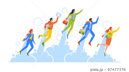 Career Boost, Start Up, Success Concept. Business Men or Women Characters Take Off with Jet Pack or Rocket on Back Career Boost, Start Up, Success Concept. Business Men or Women Characters Take Off with Jet Pack or Rocket on Back 97477376