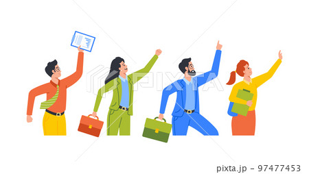 Business Characters Run, People Late in Office, Anxious Business Men or Women Hurry at Work due to Oversleep or Traffic 97477453