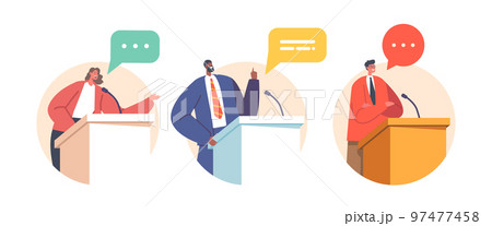 Political Candidates Speaking Behind the Desks during Debate Isolated Round Icons or Avatars Vector Illustration 97477458