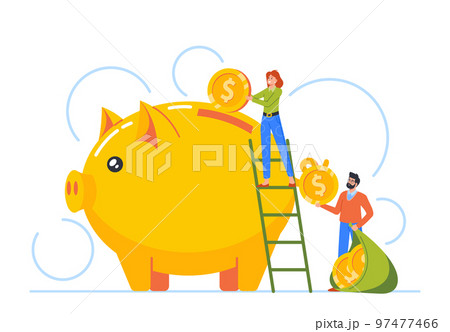 Tiny Man and Woman Characters Standing on Ladder Throw Golden Coins into Huge Piggy Bank. Concept of Money Deposit 97477466
