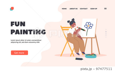 Fun Painting Landing Page Template. Little Child Draw On Easel. Black Girl Character Drawing In Artist Studio Or School Fun Painting Landing Page Template. Little Child Draw On Easel. Black Girl Character Drawing In Artist Studio Or School 97477511