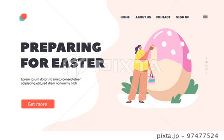 Happy Woman Preparing for Easter Landing Page Template. Spring Holiday Celebration. Tiny Female Character Decorate Egg Happy Woman Preparing for Easter Landing Page Template. Spring Holiday Celebration. Tiny Female Character Decorate Egg 97477524