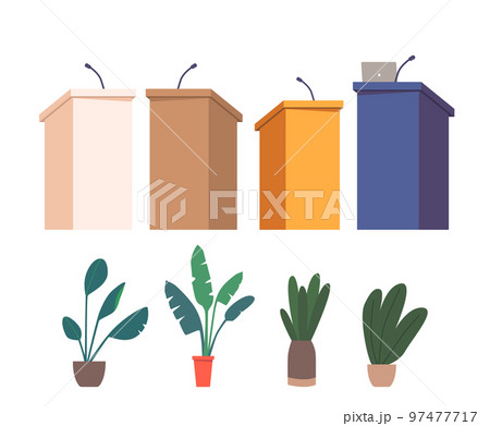 Set Empty Tribunes With Microphones, Laptop, Potted Plants Isolated Elements On White Background. Press Conference 97477717