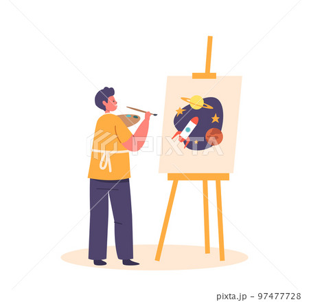 Child Painting Space And Rocket On Easel. Little Boy Character Drawing In Artist Studio Or Art School Create Pictures 97477728
