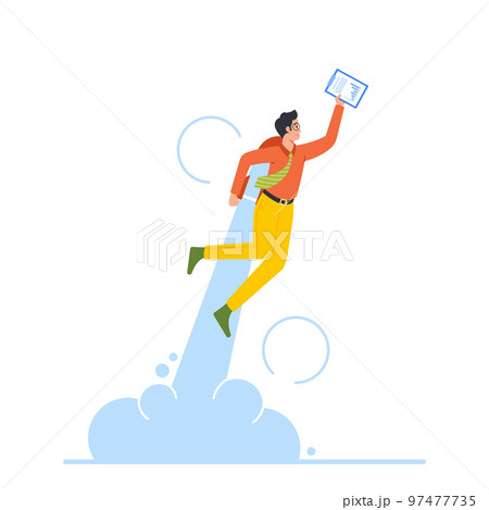 Business Startup, Career Boost and Growth Concept. Cheerful Businessman Take Off with Jet Pack. Office Worker Flying Up 97477735
