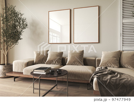 Mockup frame in interior background, room in light pastel colors, Scandi-Boho style, 3d render. High quality 3d illustration 97477949