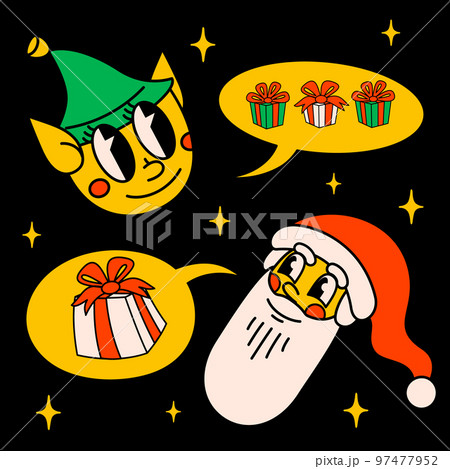 Merry Christmas and Happy New year retro cartoon characters. Groovy hippie Christmas card with Santa Claus and Elf. Vector Cartoon characters and elements. Merry Christmas and Happy New year retro cartoon characters. Groovy hippie Christmas card with Santa Claus and Elf. Vector Cartoon characters and elements. 97477952