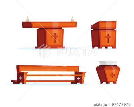 Wooden church furniture set. Altar, pew, lectern and baptismal font Wooden church furniture set. Altar, pew, lectern and baptismal font 97477976