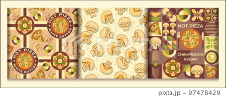 Set of pizza backgrounds with design elements in simple geometric style. Seamless patterns. Good for branding, decoration of food package, cover design, decorative print, background. 97478429