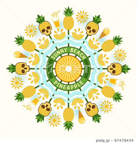 Round ornament with pineapple fruit, ice cream, juice, sun in simple geometric style. Stylization of Sunny beach. Good for decoration of food packaging, cover design, decorative print, background Round ornament with pineapple fruit, ice cream, juice, sun in simple geometric style. Stylization of Sunny beach. Good for decoration of food packaging, cover design, decorative print, background 97478434