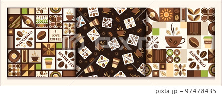 Set of coffee theme patterns with design elements in simple geometric style. Background with abstract shapes. Good for branding, decoration of food package, cover design, decorative print, background 97478435