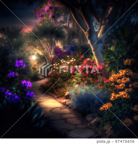 Magic garden in sunlight, beautiful flowers. Beauty in nature. Beautiful garden in realistic style. 97478856