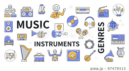 Musical instruments and genres - line design icon set 97479313