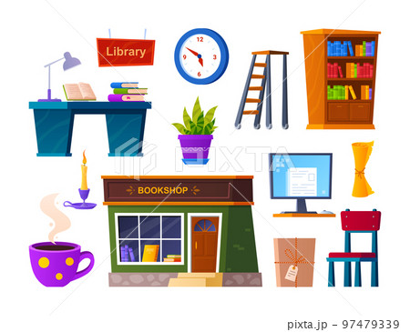 Spend time in the library - flat design style object set Spend time in the library - flat design style object set 97479339