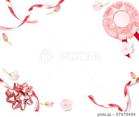 薄いピンク色のかわいい桜とリボン飾りと折り紙のメダルー白バックフレーム背景素材 97479494