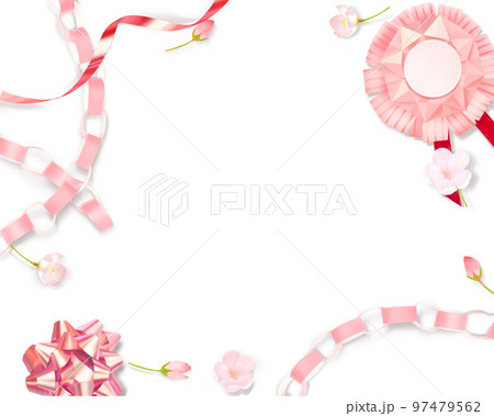薄いピンク色のかわいい桜と折り紙の輪っか飾りとメダルー白バックフレーム背景素材 97479562