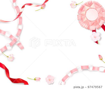 薄いピンク色のかわいい桜と折り紙の輪っか飾りとメダルー白バックフレーム背景素材 97479567