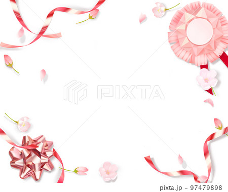 薄いピンク色のかわいい桜と花びらーリボン飾りと折り紙のメダルー白バックフレーム背景素材 97479898
