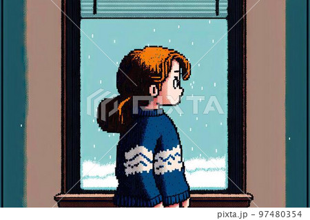 Pensive serious girl looking through window at home, 8 bit style, clear style Pensive serious girl looking through window at home, 8 bit style, clear style 97480354